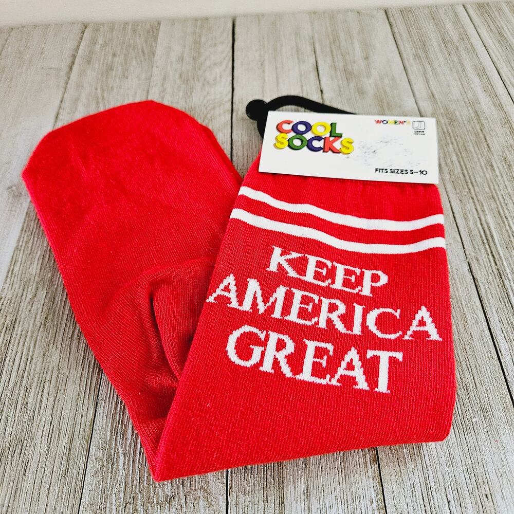 Size 5-10 Keep America Great Red & White Crew Womens Cool Socks. 75% Cotton